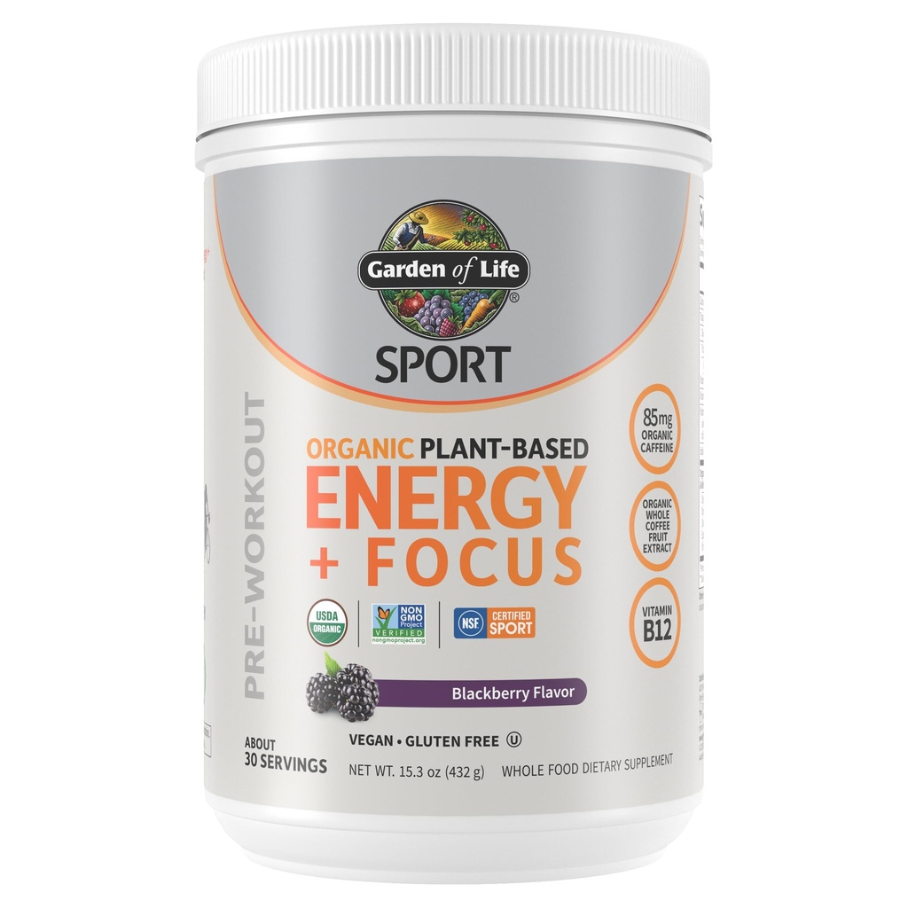 Life Sport Organic Plant Based Energy + Focus Clean Pre Workout Powder, med 85mg Koffein, Natural No Booster, B12, Vegan, Gluten Free, Non- GMO, BlackBerry, 15.3 Oz
