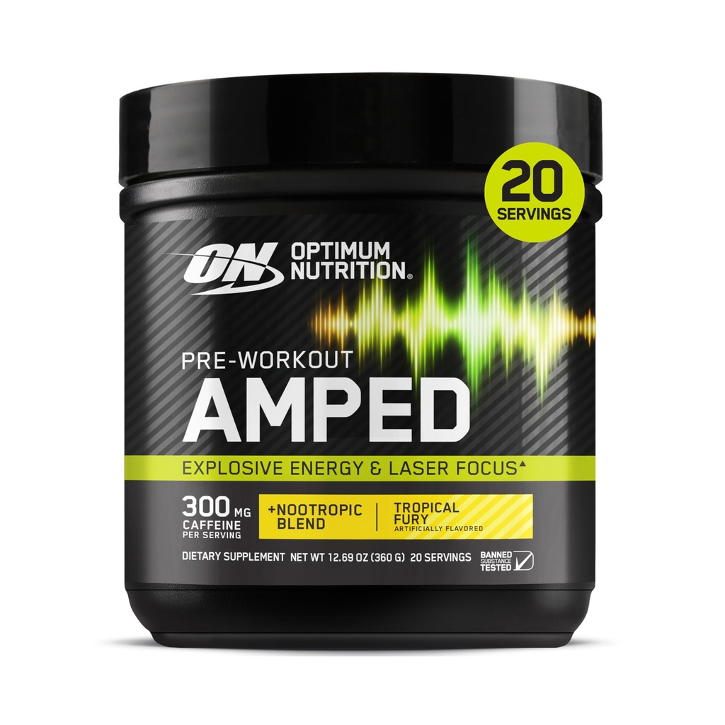 Optimum Nutrition Amped Pre- Workout, med Citrullin, Beta- Alanine, Nootropics og 300mg koffein til energi, Tropical Fury, 20 Servere (Packaging May Vary)