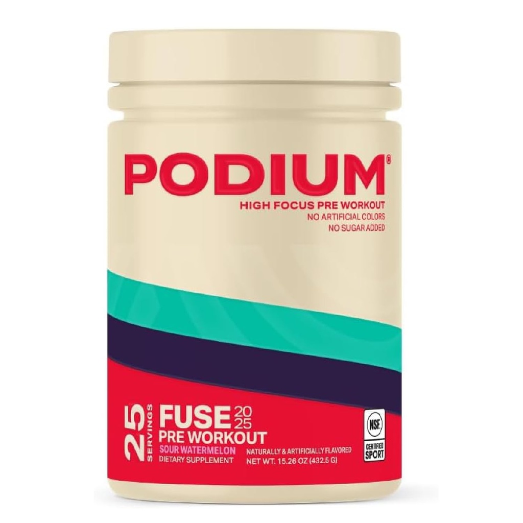 Podium Nutrition, Fuse 2025 Pre Workout Powder, Sour Watermelon, 25 Servings, Beta Alanine and Caffeine for Energy, Gluten Free, Soy Free, Dairy Free