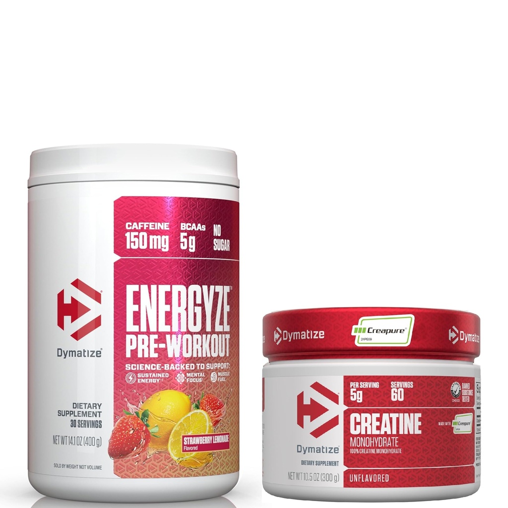 Bundle af Dymatize Energize Pre Workout Pulver og Creatin monohydrat Combo til træning og inddrivelse