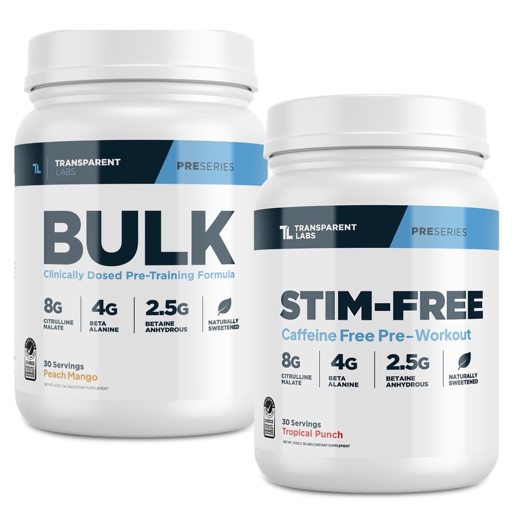 Transparent Labs Bulk Pre- workout (30 Serveringer, Peach Mango) & Stim- Gratis Pre- Workout (30 Serveringer, Tropical Punch)