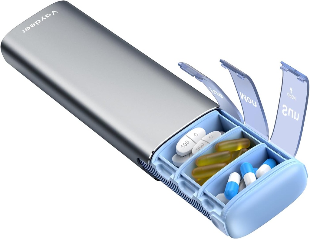 Vayråt Metal Travel Pill Organizer, 7 dages Ugentlig Pill Box, Stor kapacitet Daily Cute Pill sag for kosttilskud, piller, vitaminer og medicin (lille, Gunmetal)