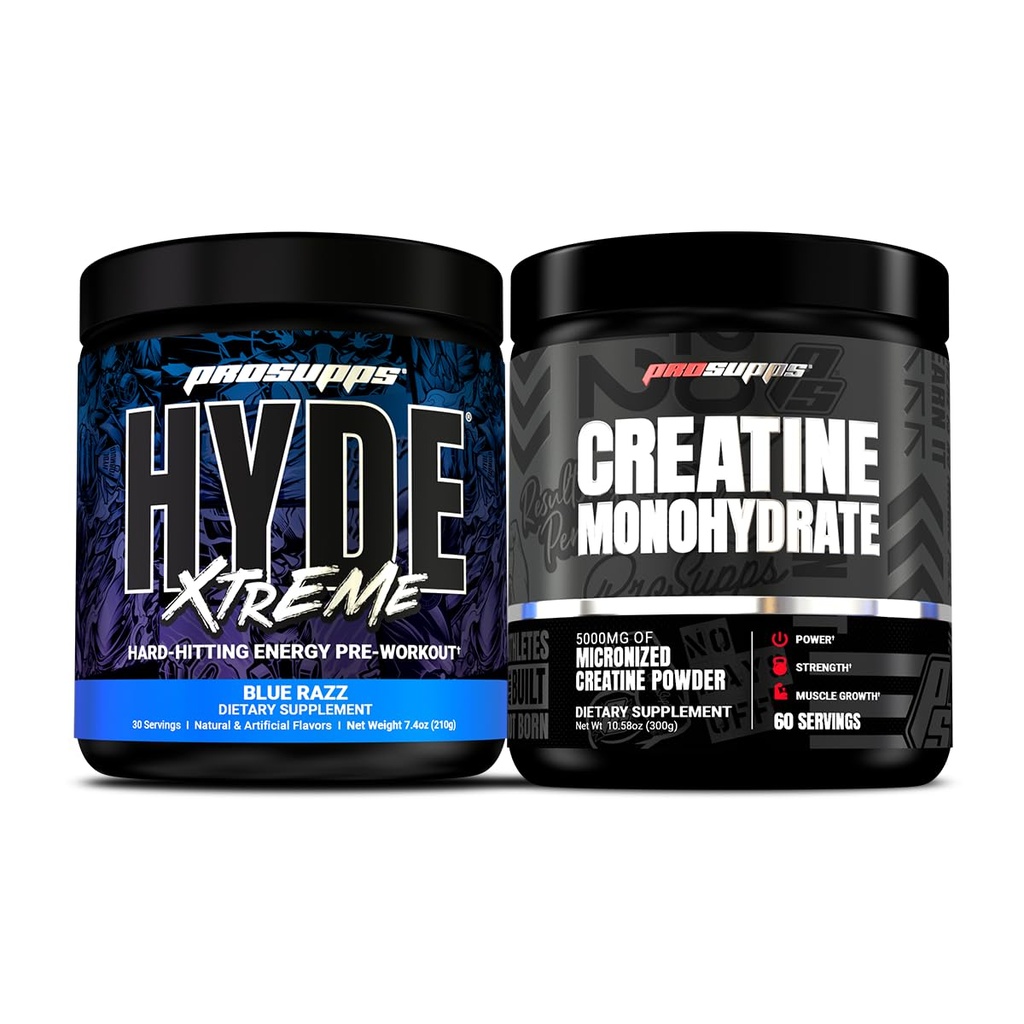 PROSUPPS Hyde Xtreme Hard- Hitting Energy Pre- workout, Blue Razz, og Creatin 300 Bundle