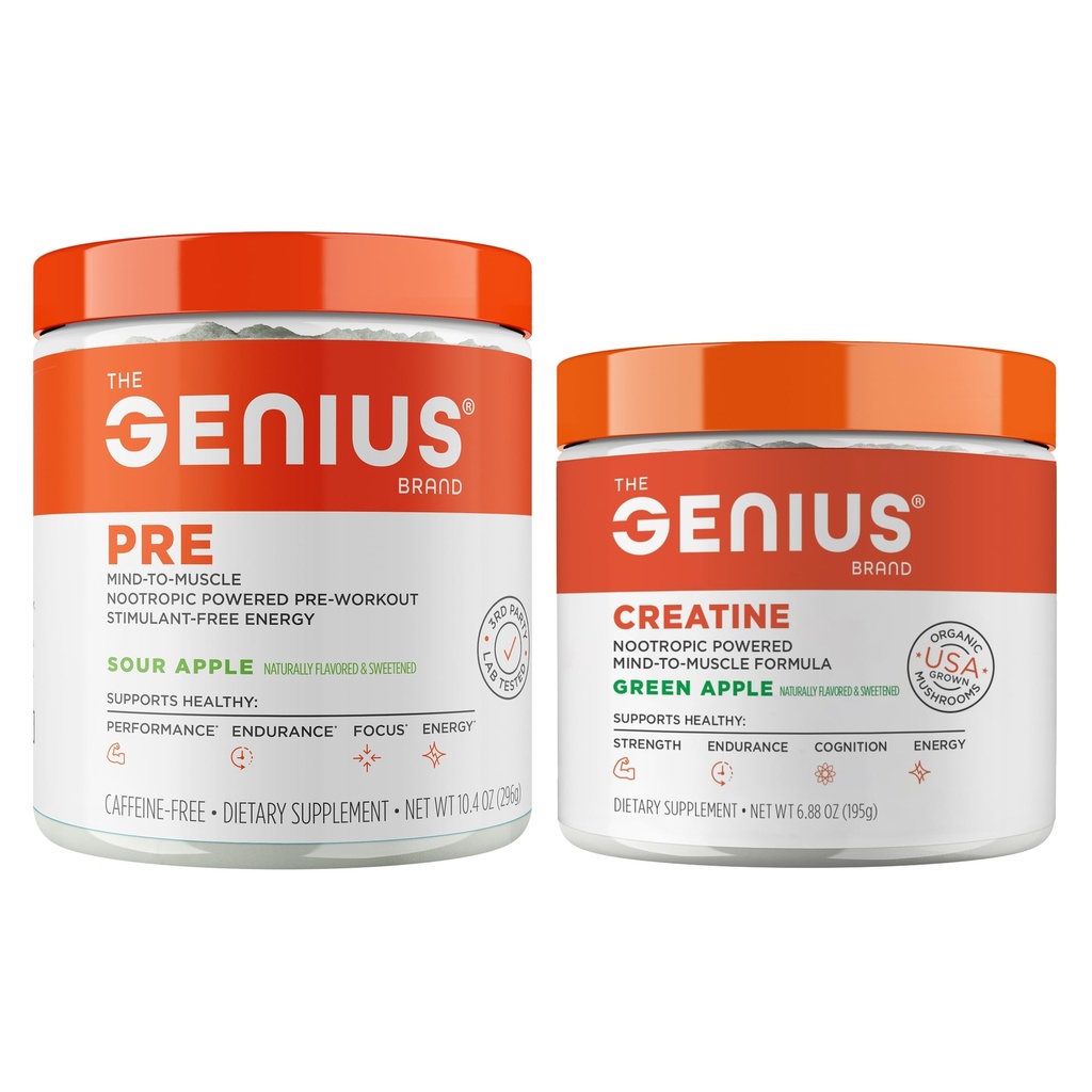 Genius Pre Workout Powder, Sour Apple + Genius Mikroniseret Creatin Post Workout Powder