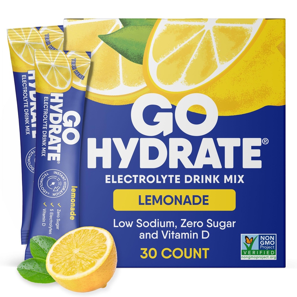 GoHydrate Lavnatrium Electrolytes Powder Packets Sugar Free - Instant Hydration Daily Drink Mix - Zero Sugar Water Flavor Packet Singles med D-vitamin - (Lemonade, 30 Pakker)