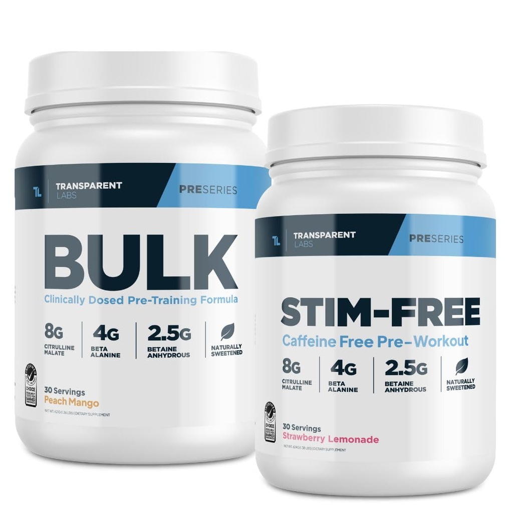 Transparent Labs Bulk Pre- Workout Powder (30 Serveringer, Peach Mango) & Stim- Free Pre- Workout Powder (30 Serveringer, Strawberry Lemonade)