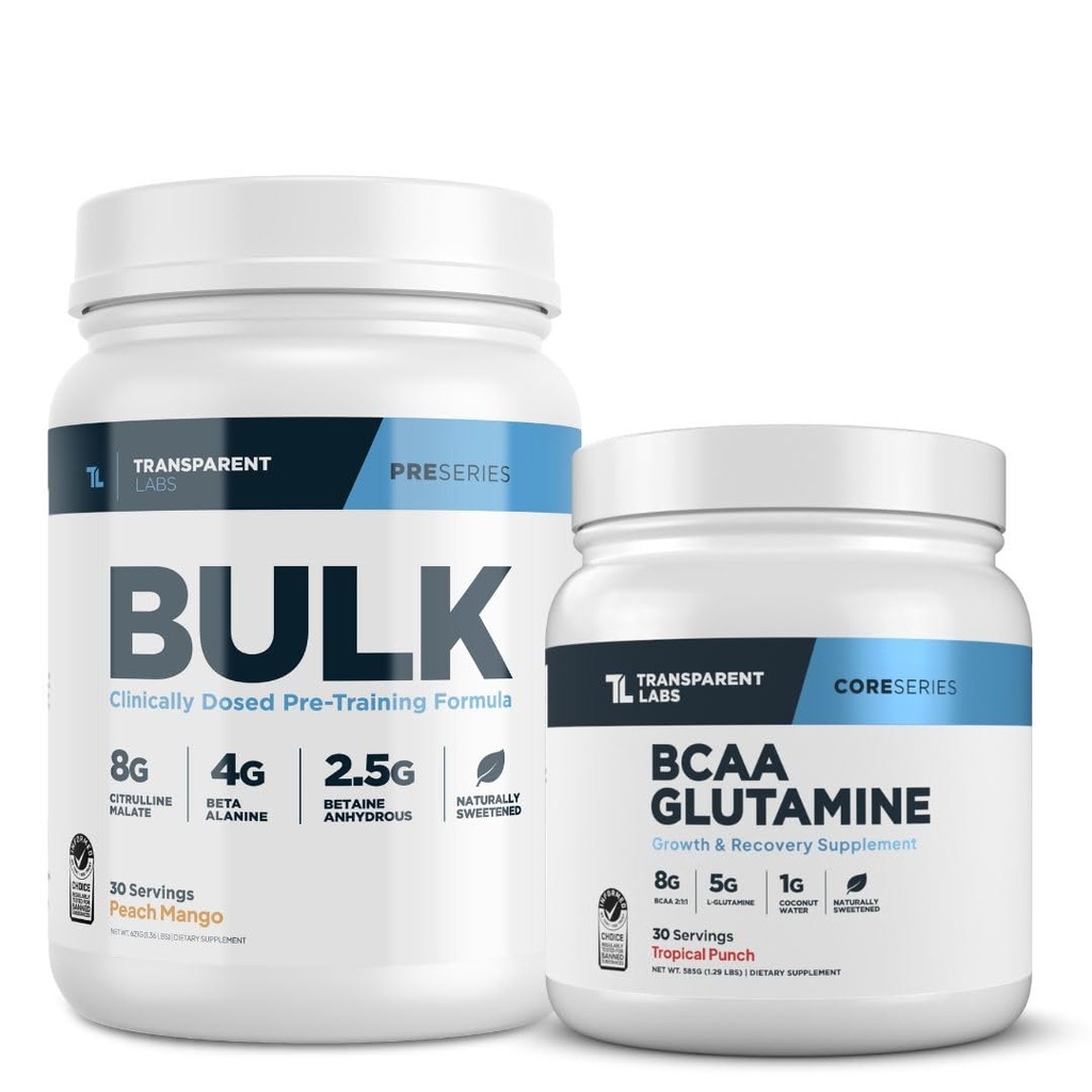 Transparent Labs Bulk Pre- Workout (30 Serveringer, Peach Mango) & BCAA Glutamin (30 Serveringer, Tropical Punch)