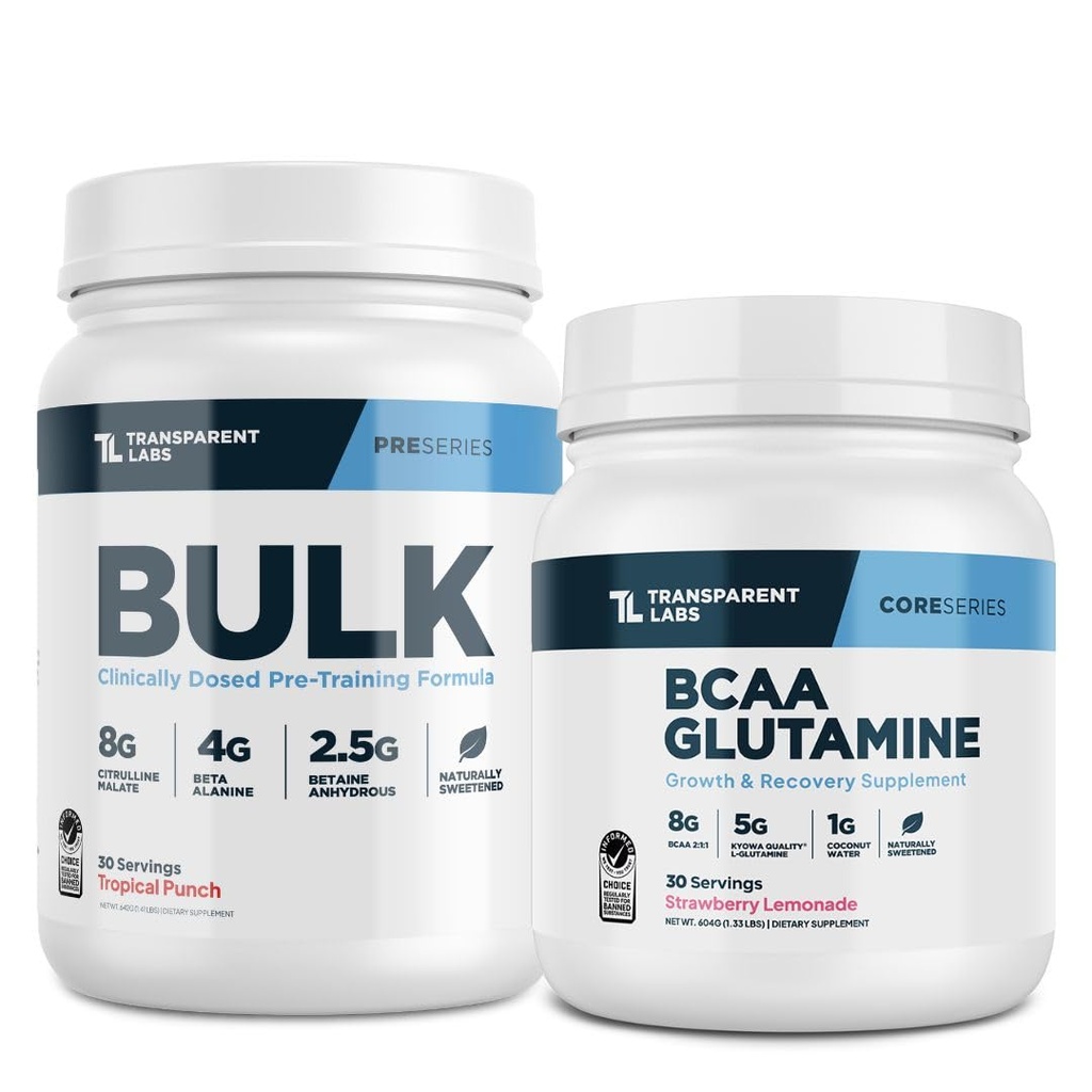 Transparent Labs Bulk Pre- Workout (30 Serveringer, Tropical Punch) & BCAA Glutamin (30 Serveringer, Strawberry Lemonade)