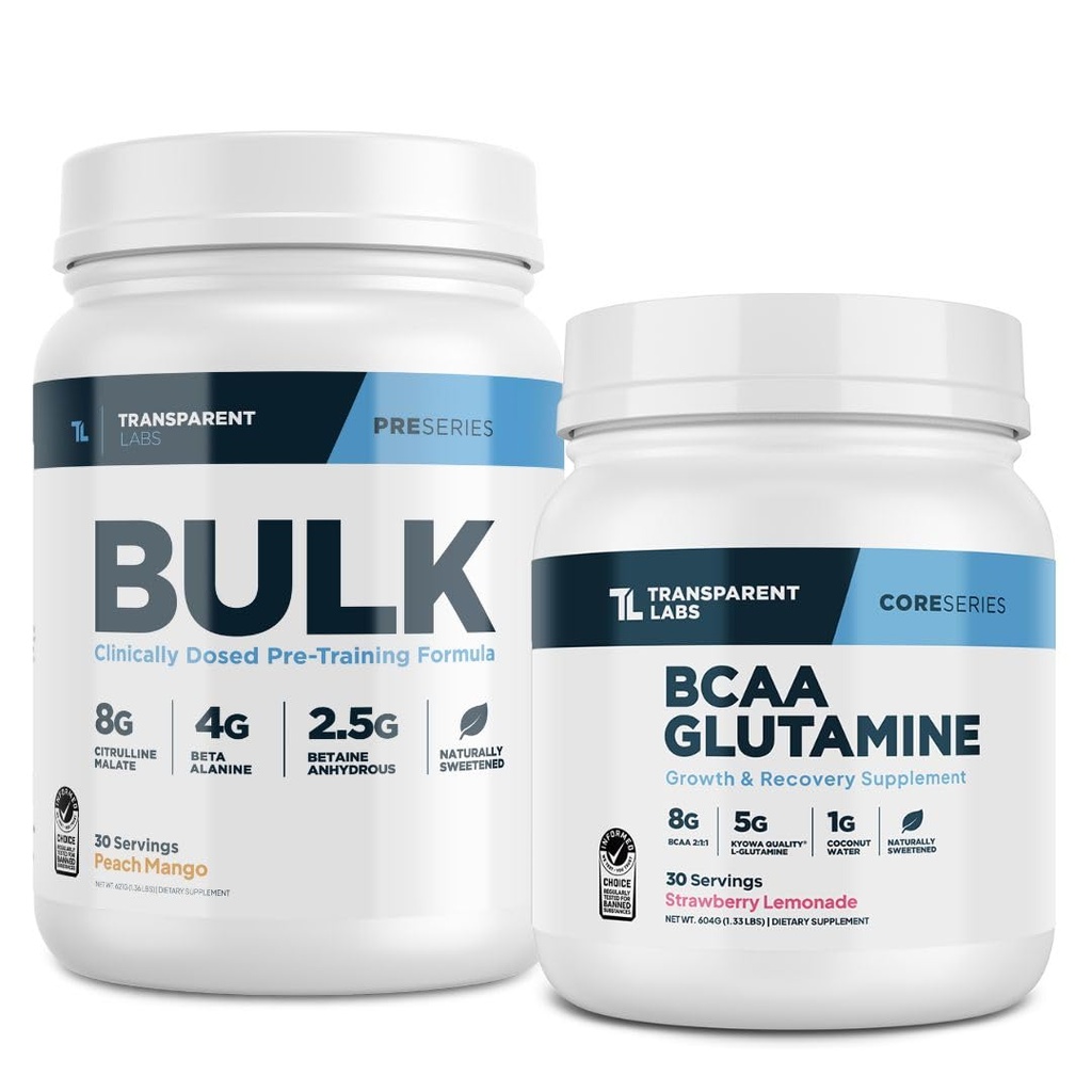 Transparent Labs Bulk Pre- Workout (30 Serveringer, Peach Mango) & BCAA Glutamin (30 Serveringer, Strawberry Lemonade)
