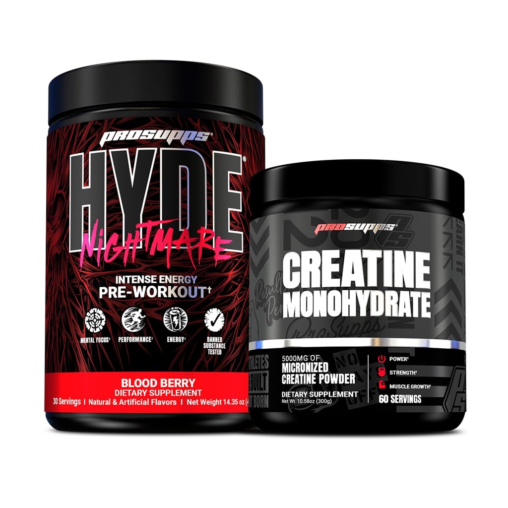 PROSUPPS Hyde Nightmare Intense Energy Pre- workout, blod Berry, og Creatin 300 Bundle