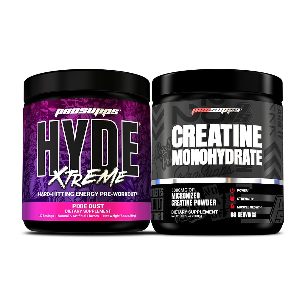 PROSUPPS Hyde Xtreme Hard- Hitting Energy Pre- workout, Pixie Dust, og Creatin 300 Bundle