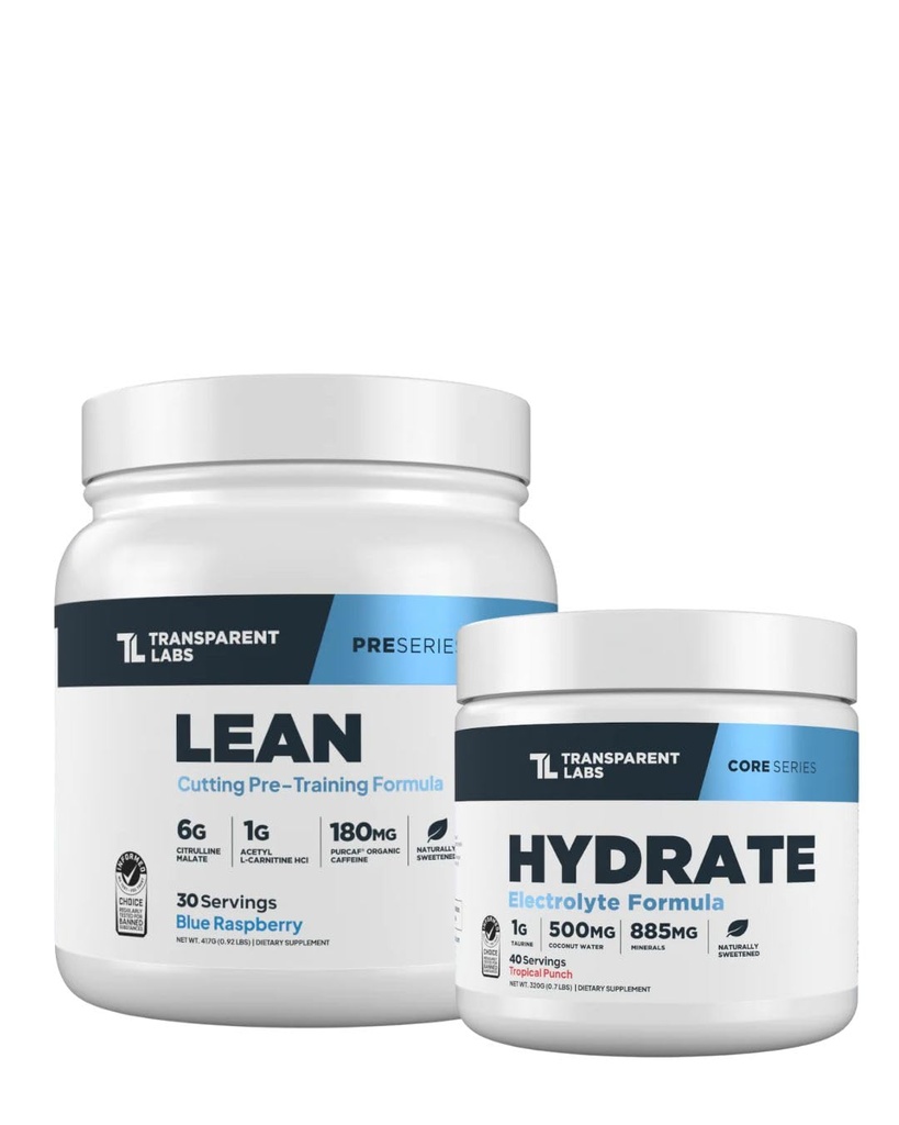 Transparent Labs Lean Pre- Workout (30 Serveringer, Blå Hindbær) & Hydrate Electrolytes Powder (40 Serveringer, Tropical Punch)