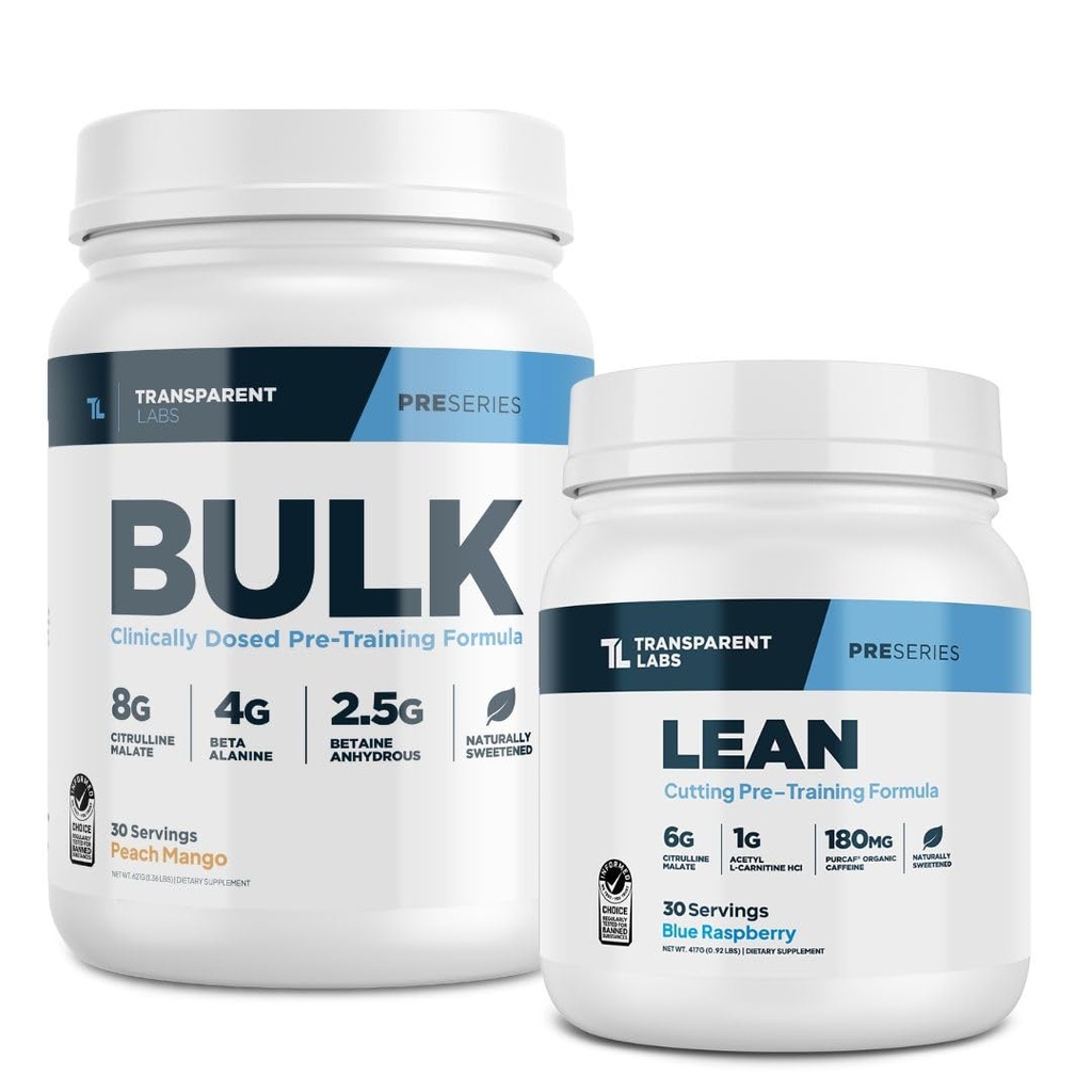 Transparent Labs Bulk Pre- Workout (30 Serveringer, Peach Mango) & Lean Pre- Workout (30 Serveringer, Blå Hindbær)