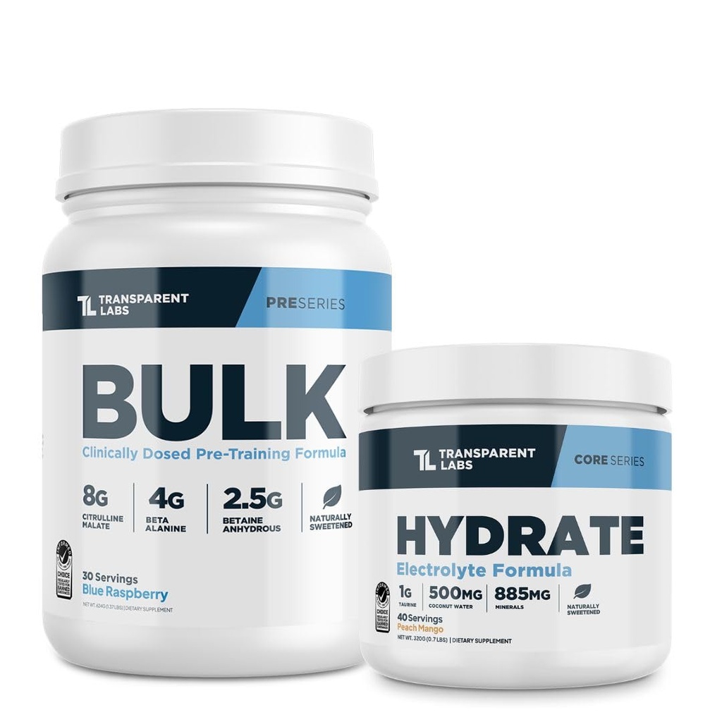 Transparent Labs Bulk Pre Workout Powder for Muscle Building & Strength 30 Servere, Blå Hindbær & Hydrate Electrolytes Powder med kokos vand, Taurine, & Kalium 40 Servere, Peach Mango