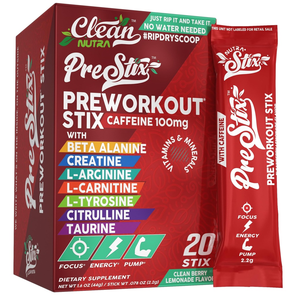 Clean Nutracatives Pre Workout Powder Energy Sticks - Coffein 100mg, Energy Drink Mix, Creatinine Monohydrat, Beta Alanine, L-Citrullin, L-Tyrosine, L-Carnitin, Electrolyte Hydration Packets 20 Ct