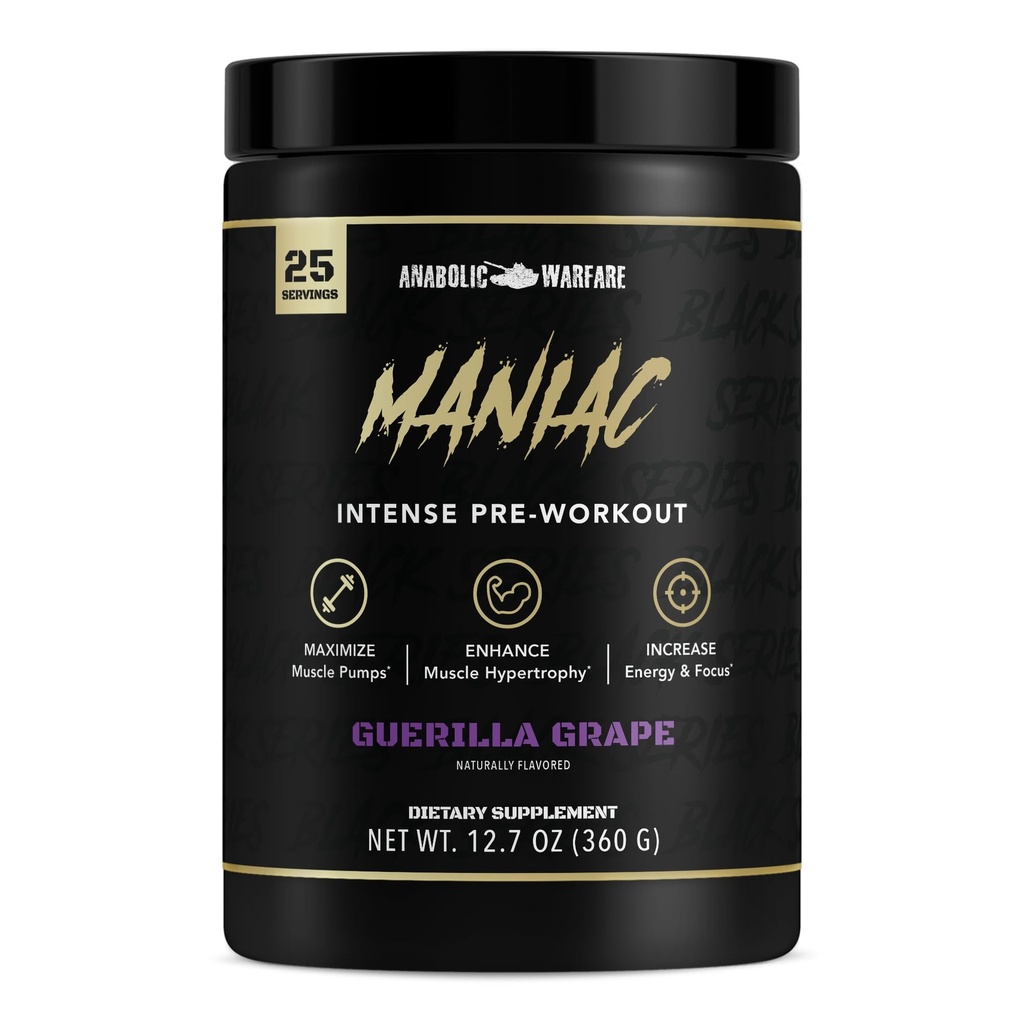 Anabolske krigsførelse Black Series Maniac, præ-workout pulver, understøtter nitrogenoxid, muskelpumper, og Protein Syntese * Guerilla Grape