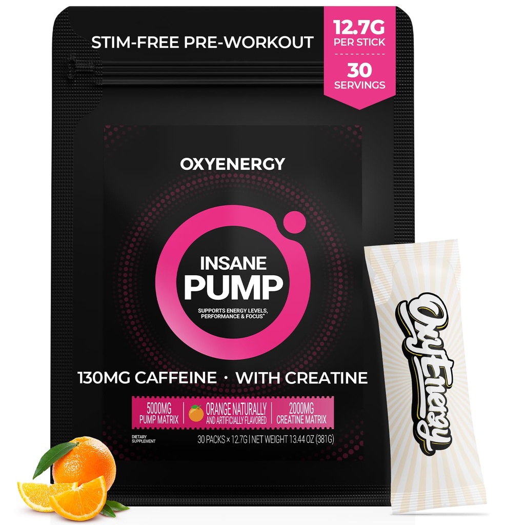 OxyEnergy Pre Workout Pulver -Orange, Ikke Stim 130mg Lav Koffein, On- The- Go Packets med Beta Alanine, Creatin monohydrat & Taurine for følsomme brugere, Kvinder, Aften træning - 30 Servere