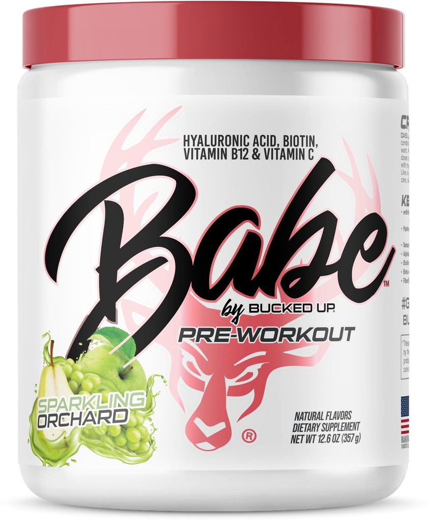 Babe Pre Workout pulver til kvinder • 124; Sparkling Orchard • 124; 6g Citrullin, 2g Beta- Alanine, 100mg Hyaluronsyre, 5mg Biotin og 5 andre registrerede ingredienser • 124; 30 portioner • 124; 12,6 OZ
