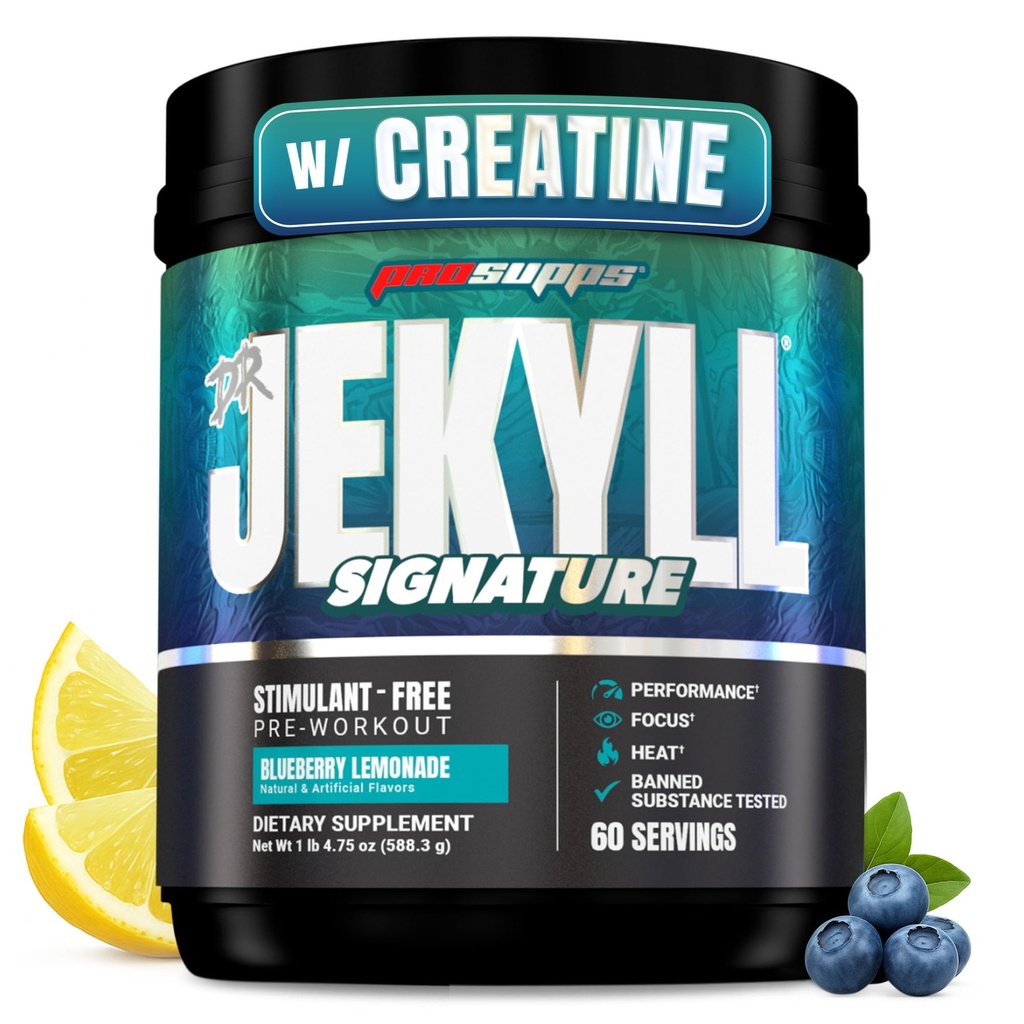 ProSupps Dr. Jekyll Signature Pre Workout Powder med Creatin - Stift-Free Preworkout Understøtter Focus & Endurance - Coffeine-Free Gym & Fitness Kosttilskud (Blåbær Lemonade, 60 Servering)