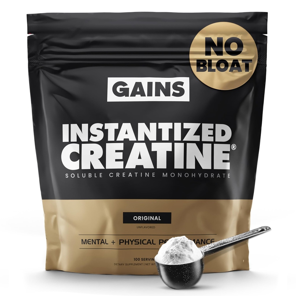 Gains in Bulk Instantized Creatin Monohydrat for mænd og kvinder, Opløselig Pre Workout Powder, Understøtter muskeltræning, Styrke og ydeevne, Bodybuilding Kosttilskud, Unflavored, 100 Serveringer
