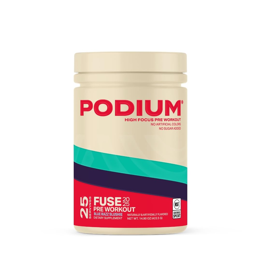 Podium Nutrition, Fuse 2025 Pre Workout Pulver, Blå Razz Slushie, 25 Servering, Beta Alanine og koffein til energi, Gluten, Soy og Dairy Free