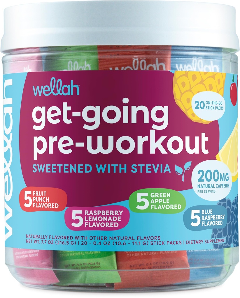 Wellah Get-Going Pre-Workout Packets (Variety Pack), 200mg Natural Caffeine | 20 Stick Packs, Stevia-Sweetened, with Citrulline Malate and L-Theanine, & 1000mg of Beta-Alanine