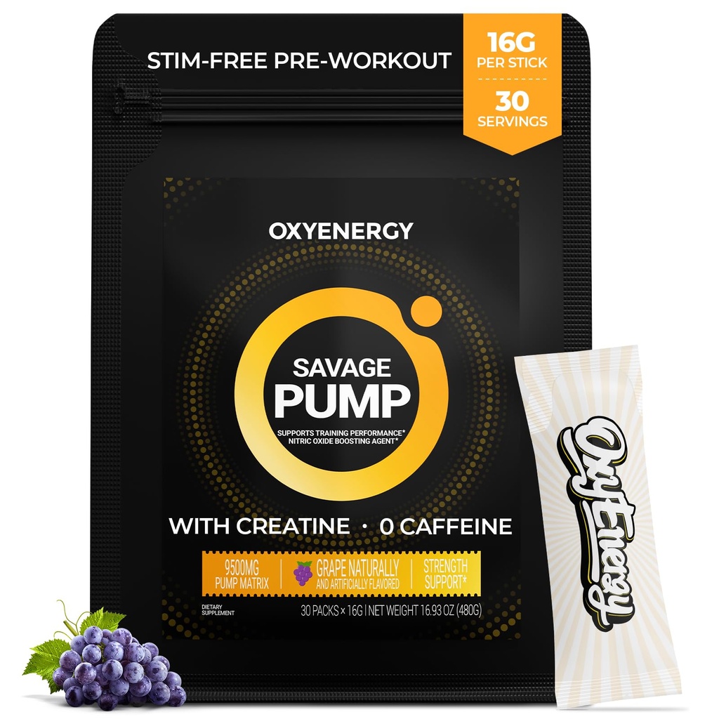 OxyEnergy nitrogenoxid Booster, Max Pump Non Stim Pre Workout Pulver til mænd, med Beta Alanine, L Citrullin, Kreatin til cirkulation, Muskelpumper, Endurance, Grape, On- The- Go Packet-30 Servere