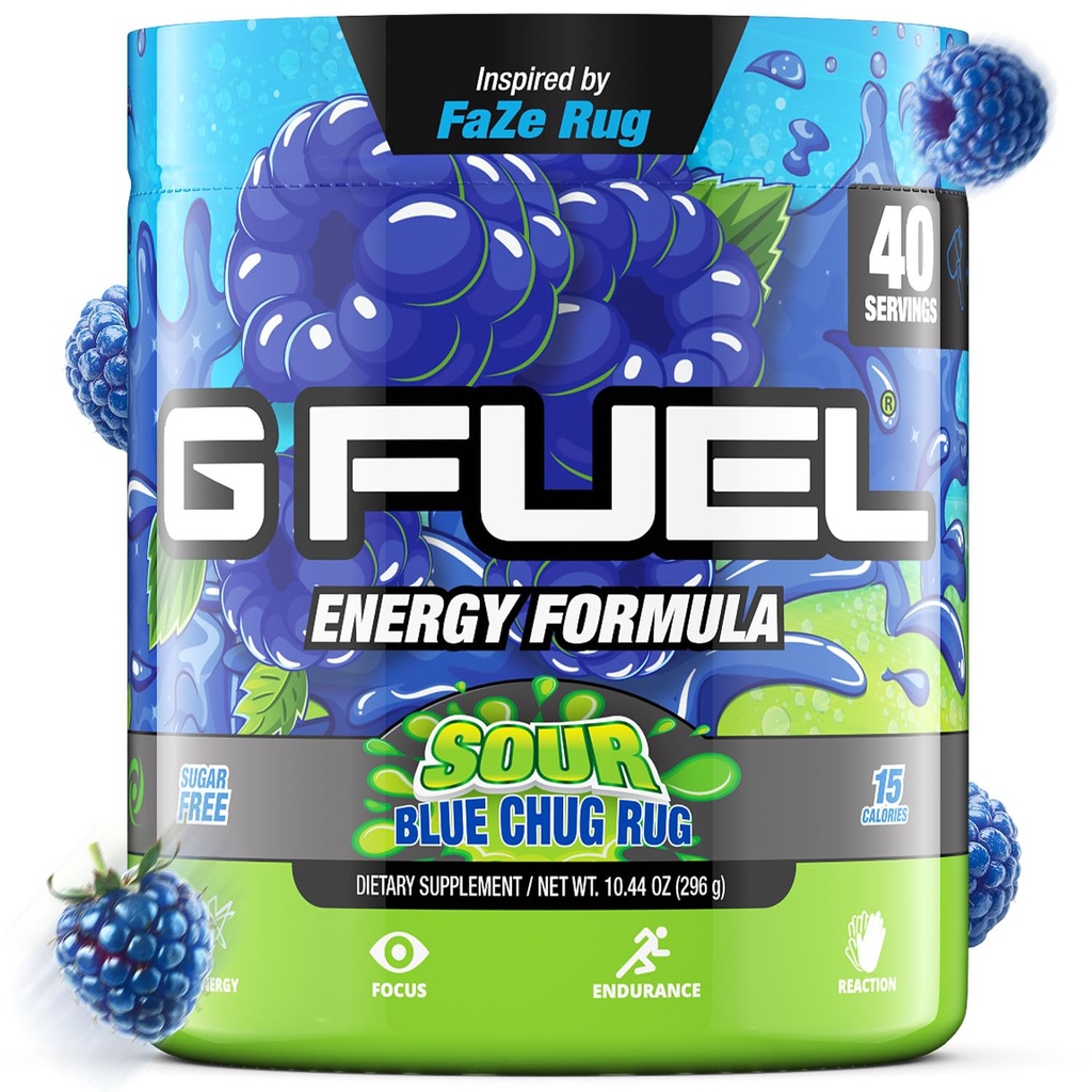 G Brændstof Chug Rug Energy Drink Powder, Pre Workout Koffein Mix til Gaming, Sukker Free Focus Amino, Vitamin + Antioxidanter, 10.44oz (Sour Blue Raspberry, 40 Servere)