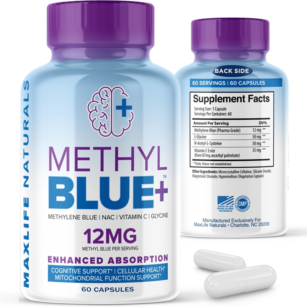 MAXLife NATURALS Pure Methylene Blå Kapsler, Ultimate Methylene Blå Farmaceutisk Grade 12mg - 60 Kapsler med C-vitamin Ester & NAC Glycin, Understøtter Cellular & Kognitiv funktion, Lavet i USA