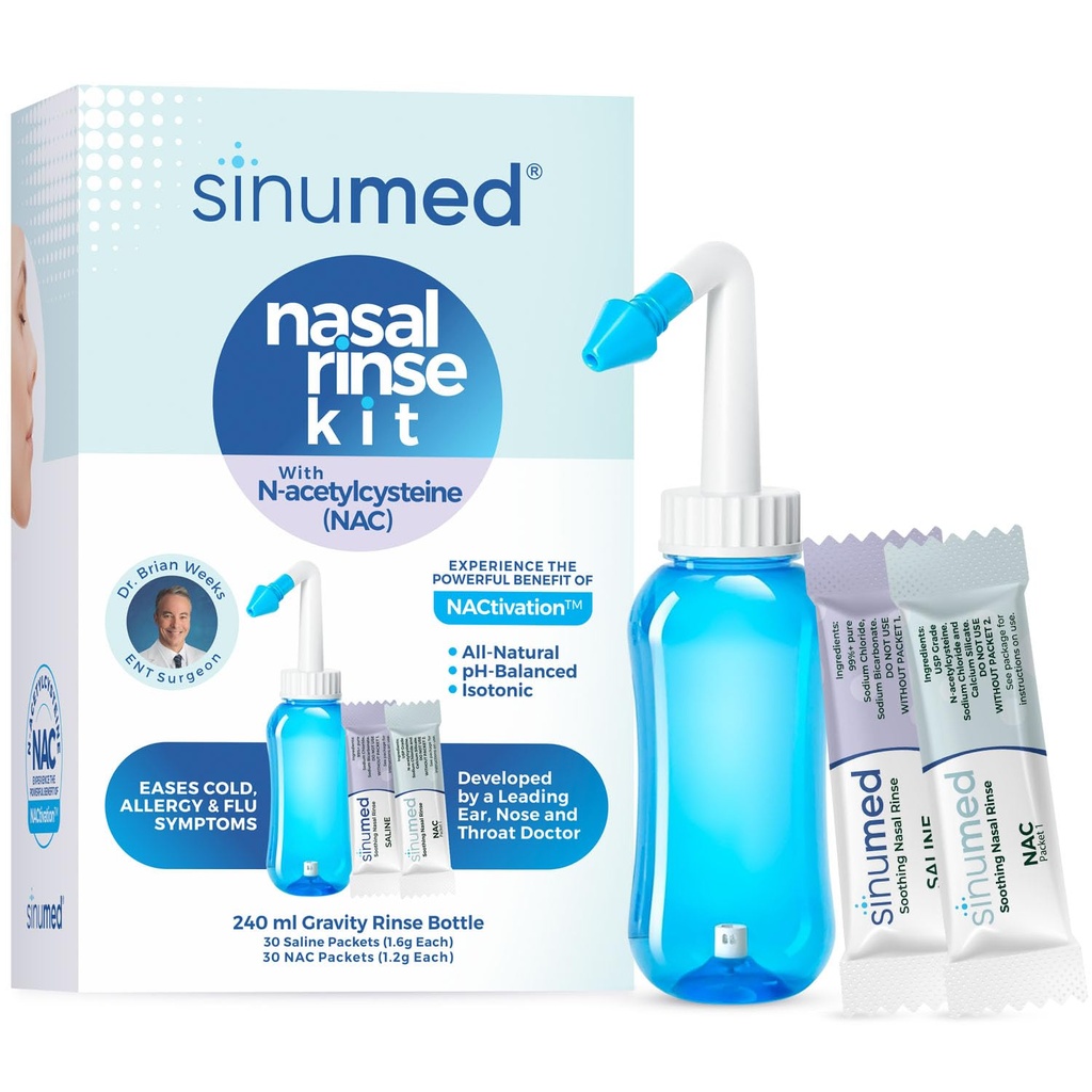 Sinus Rinse, 60PK Nasal Rinse Pakninger med NAC og Saline, Gravity Rinse flaske, Alternativ til Neti Pot, Hjælper med Allergi, Congestion, Cold Symptomer (Gravity Flaske med NAC 60PK)