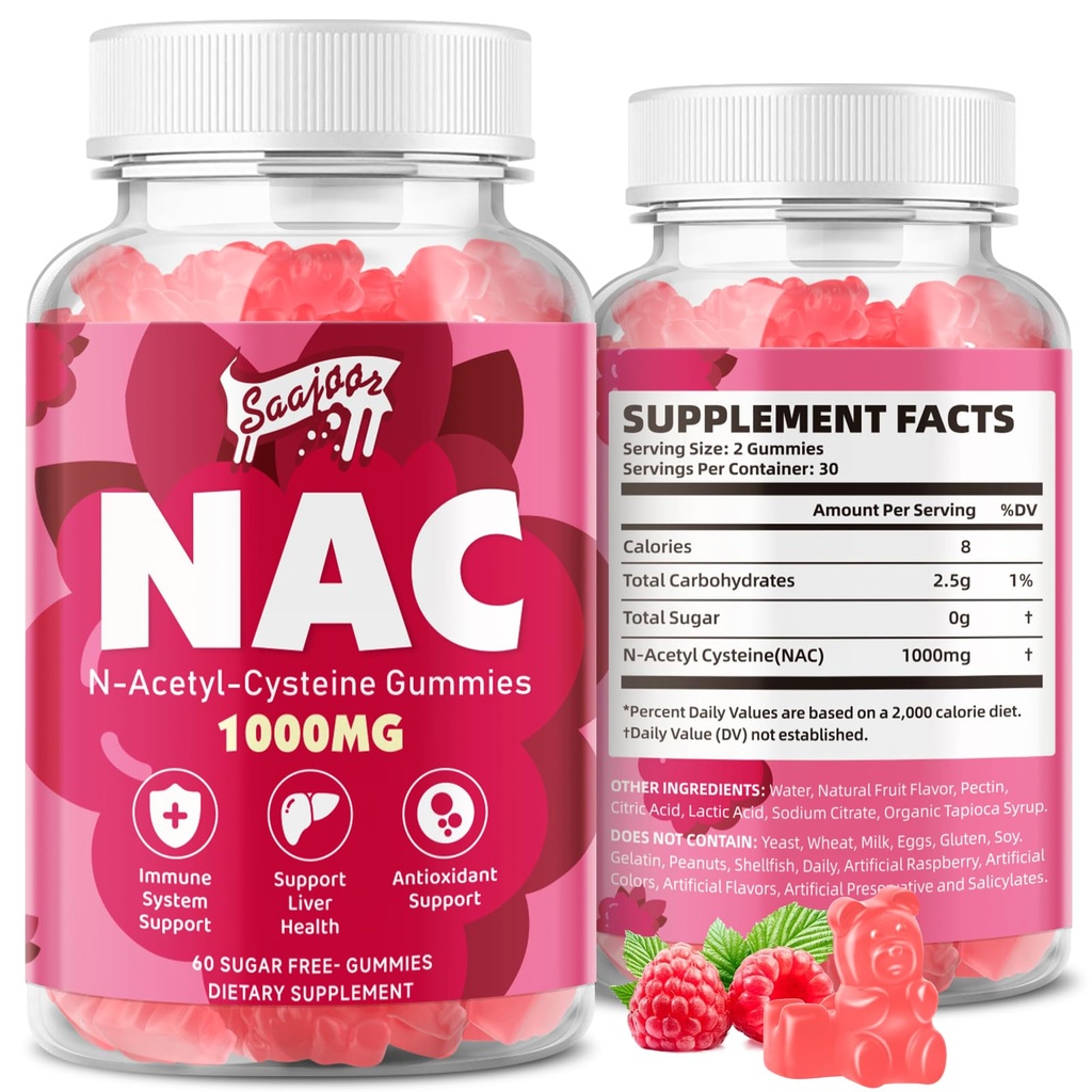 NAC Gummies Sugar- Free, N- Acetyl Cysteine NAC Supplement 1000mg for antioxidanter, Immunstøtte, Non- GMO, Gluten- Free, Vegan - Raspberry Flavor, 60 Gummies