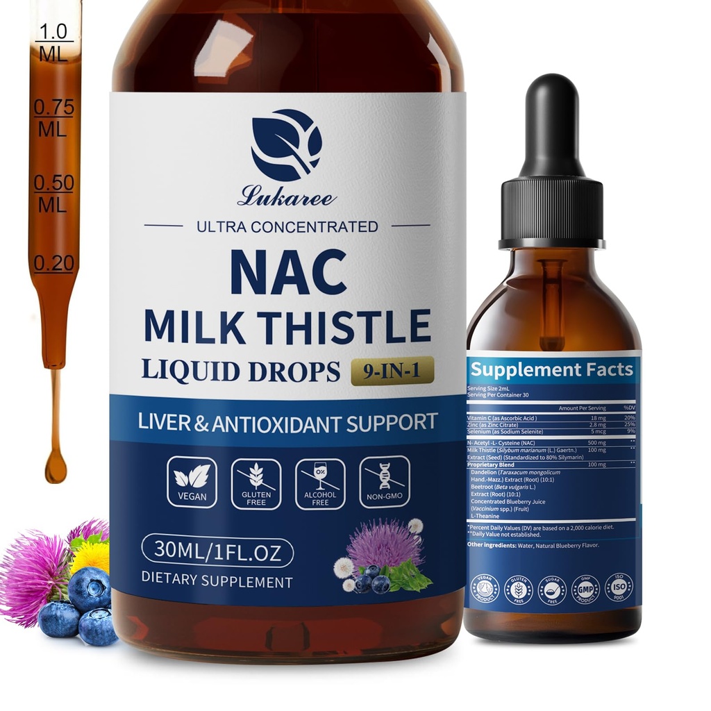 Lukaree Liposomal NAC Supplement N- Acetyl- L- Cysteine 600mg med Milk Thistle - NAC Aminosyre Drops w / Selenium for lever & Nyre Support *, Lung, Antioxidanter & immunforsvar * - Vegan, Non- GMO- 2oz