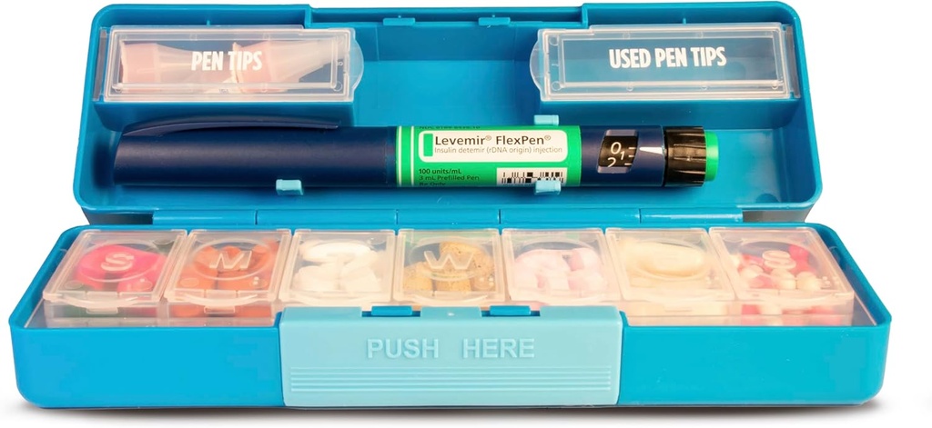 GMS Group Medical Supply, LLC Diabetic Pen Case & 7 Day Medicine Organizer - Rejsesæt til Diabetic Supplies - på en Glance Medicine Reminder - Holdes Nye & Brugte Nåle sikkert - Lille & Diskret
