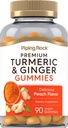 Piping Rock Gurmerisk og ingefær Gummefri 124; 90 Greve Buddy 124; Peach Flavour 124; Vegansk Formel 124; Non- GMO, Gluten Free Supplement