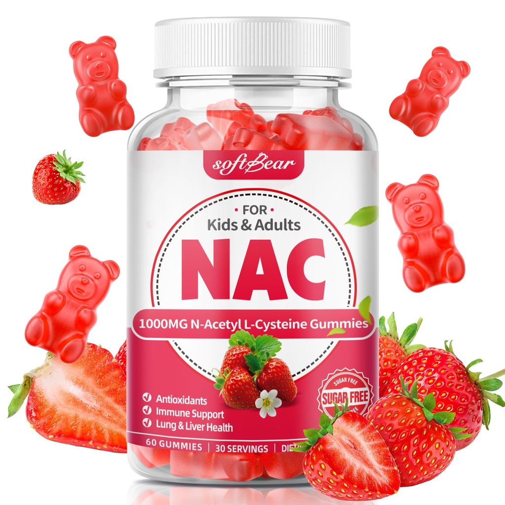 softbear NAC gummies for kids & adult, NAC Supplement 1000mg N Acetyl Cysteine understøtter Lung & Lever Health, Antioxidants & immunsystem, Strawberry Flavor 60 Greve