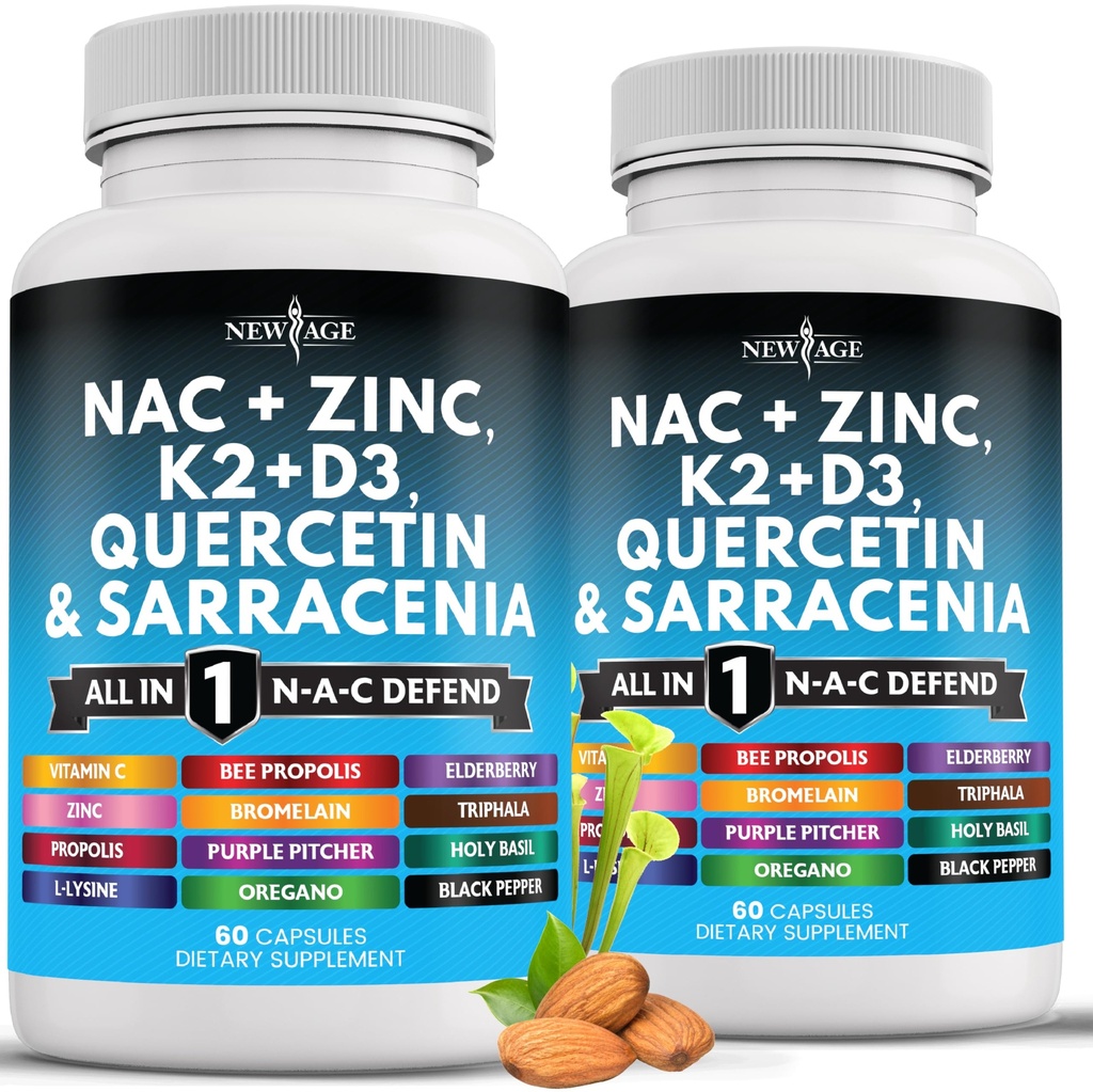 NY AGE NAC Supplement N- Acetyl Cystein- med vitamin D3, K2, Zink, Quercetin, Triphala, Sarracenia purpurea, Elderberry, Holy Basil, Bee Propolis, Bromelain, L- Lysin - 120 Greve