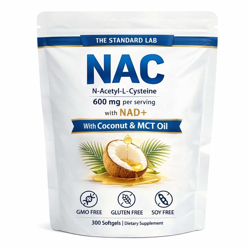 Standard Lab NAC 600 mg med NAD + Daily Complex, N- Acetyl Cysteine Supplement kapsler, Antioxidant Support Formel, Vegan, Non- GMO, Gluten Free, 300 Softgel
