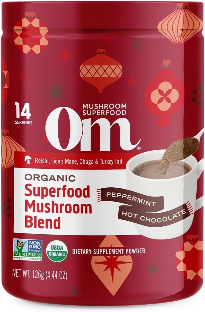 Om Mushroom Superfood Peppermint Hot Chocolate Blend - Cocoa Mushroom Powder with Lion 's Mane, Reishi, Chaga & Turkey Tail - Immunsundhed, Focus & Stress Support - 4.44 oz Canister (14 Servere)