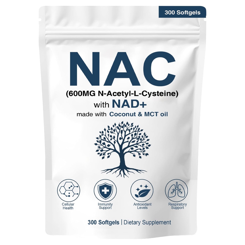 NAC 600mg Non- GMO, Gluten Free, Organic NAC Supplement N- Acetyl Cysteine Kapsler med NAD + for Cellular & Lung Health, 300 Softgels
