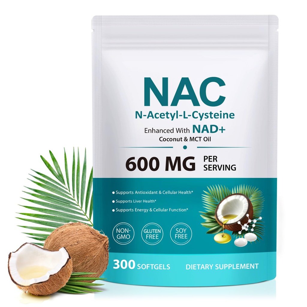 AIQIUSHA NAC Supplement 600mg, N-Acetyl Cysteine Softgels with Coconut & MCT Oil, Daily Wellness Support, Non-GMO, Gluten Free, 300 Softgels (1 Pack)
