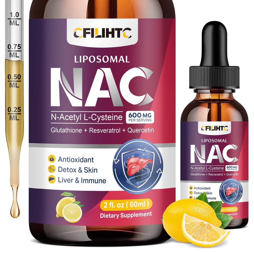 Liposomal Liquid NAC Supplement N- Acetyl Cysteine Drops, N Acetyl Cysteine 600mg med Glutathion, Resveratrol & Zink til voksne & børn Lever Lung Antioxidant Immuno & Hud Sundhed, Lemon 2 Fl Oz