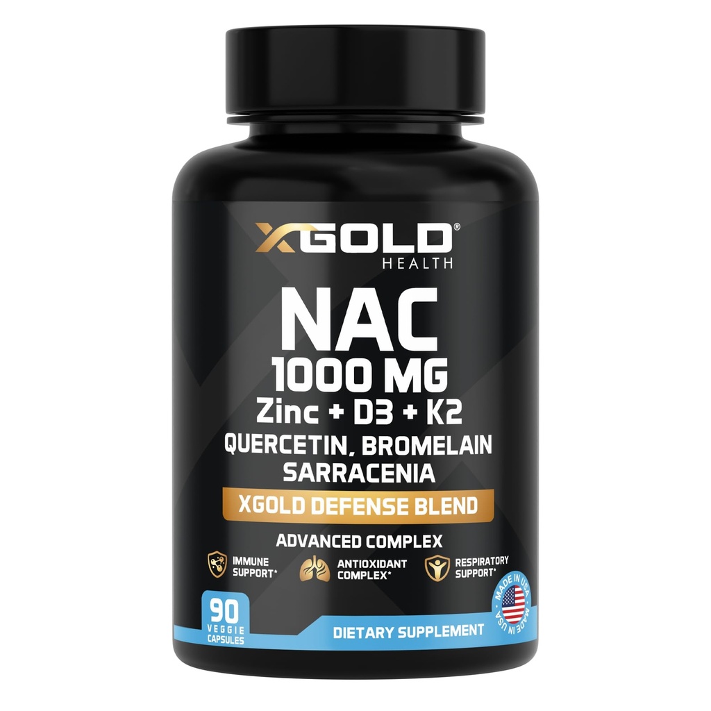 XGold Health NAC 1000 mg med Quercetin 95%, Bromelain, Zink, C-vitamin, D3 & K2 immunforsvar & antioxidant supplement Advanced Defense Blend 90 Veggie kapsler