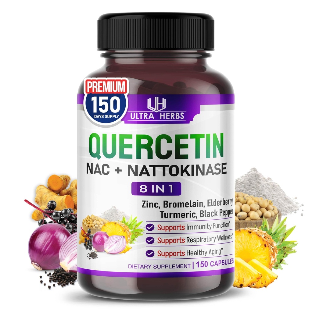Quercetin Supplement med bromelain, C-vitamin og zink, Nattokinase, NAC, Elderberry, Elderberry, 124; 8 i 1 Ultra Antioxidant Complex for immunforsvar 124; 150 Kapsler