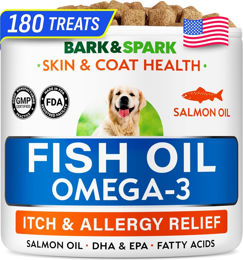 BARK & SPARK Omega 3 for hunde - 180 Fish Oil Treats for Hund Shedding, Hud Allergi, Itch Relief, Hot Spots Treatment - Fælles sundhed - Hud og Coat Supplement - EPA & DHA Fedtsyrer - Canine Salmon Oil