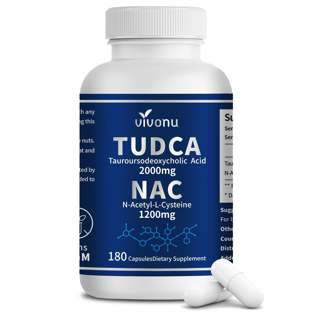 VivoNu TUDCA 2000mg + NAC 1200mg Supplement Complex kapsler, kraftfuld TUDCA bile salt + N acetyl cystein, antioxidant kosttilskud til lever & Lung & Gallablære rense, fordøjelse - 180 kapsler
