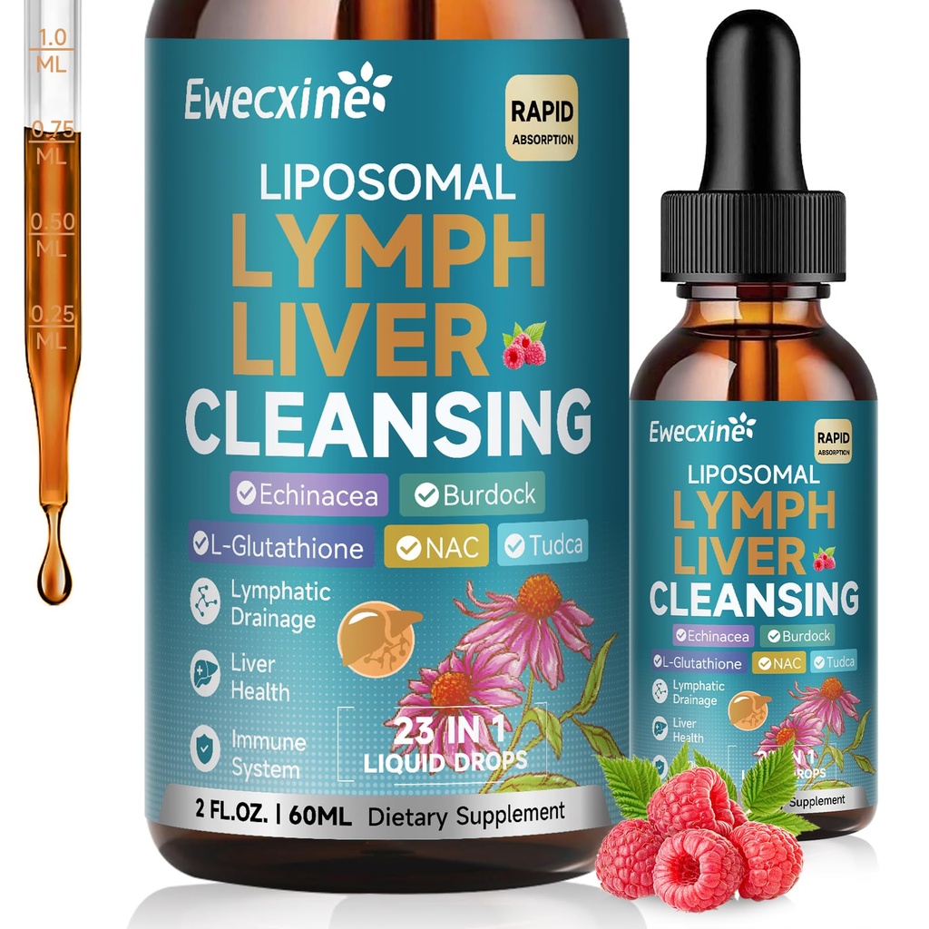 Liposomal Lymphethion & lever rense dråber, 23-in-1 med Echinacea, NAC, TUDCA, L- Glutathion, Burdok til Lymph, Lever Detox & Reparation, immunforsvar, Raspberry Flavor, 2 fl oz Supplement