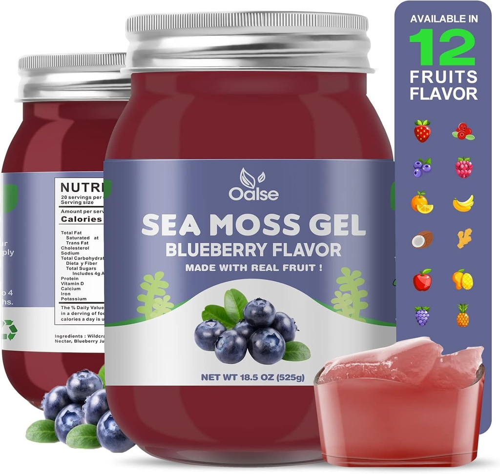 Sea Moss Gel - 18.5oz Blåbær Flavor Raw Nutritious Sea Moss Gel i mineraler, Proteiner & vitaminer, Vegan- Friendly, 2 spiseskefuld Daglig