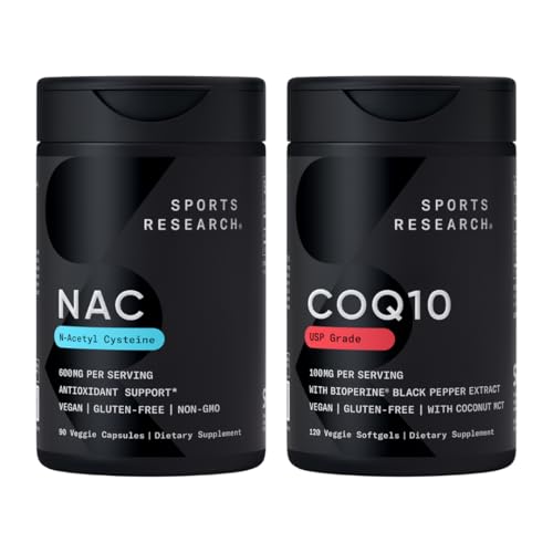Sports Research ® Antioxidant Support Pack - N- Acetyl L- Cysteine (NAC) 600mg, CoQ10 100mg Enhanced w / Coconut Oil & Bioperine - Vegan · Non- GMO · Gluten Free