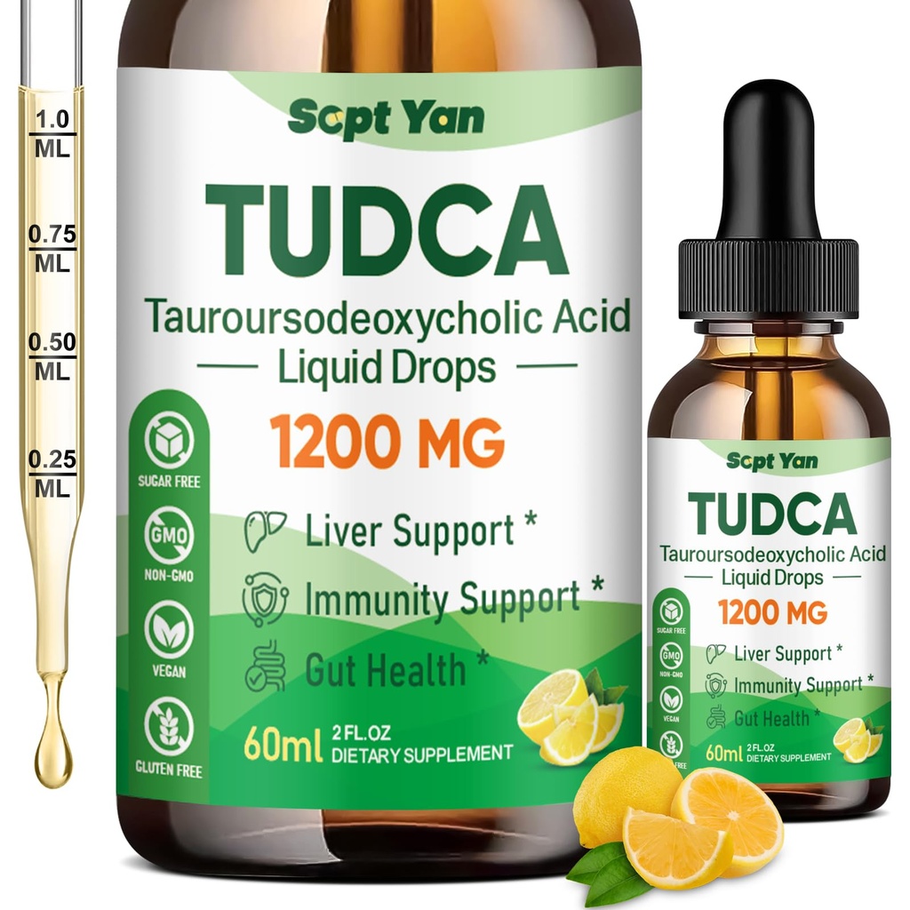 TUDCA Supplement 1200mg flydende dråber, lever tillæg med TUDCA, NAC, mælk tidsel frø og mælkebøtte, til leverstøtte, og Gallablære Cleanse & Reparation, Sugar- Free, Vegan, Lemon Flavor, 2 Fl Oz