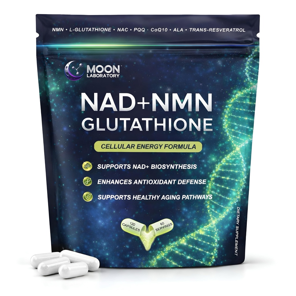 NMN + L- Glutathion Supplement - NAD + Support, Mitokondriel Energy & Antioxidant Defense med CoQ10, NAC, PQQ & Alpha Lipoic Acid - 120 kapsler. Genfyld pakning